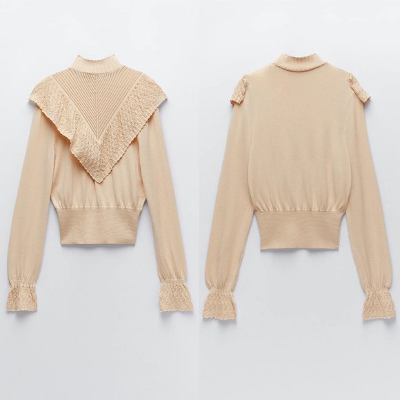 NEW Zara Long Sleeve Ruffled Knit Sweater Cream - Picture 5 of 11
